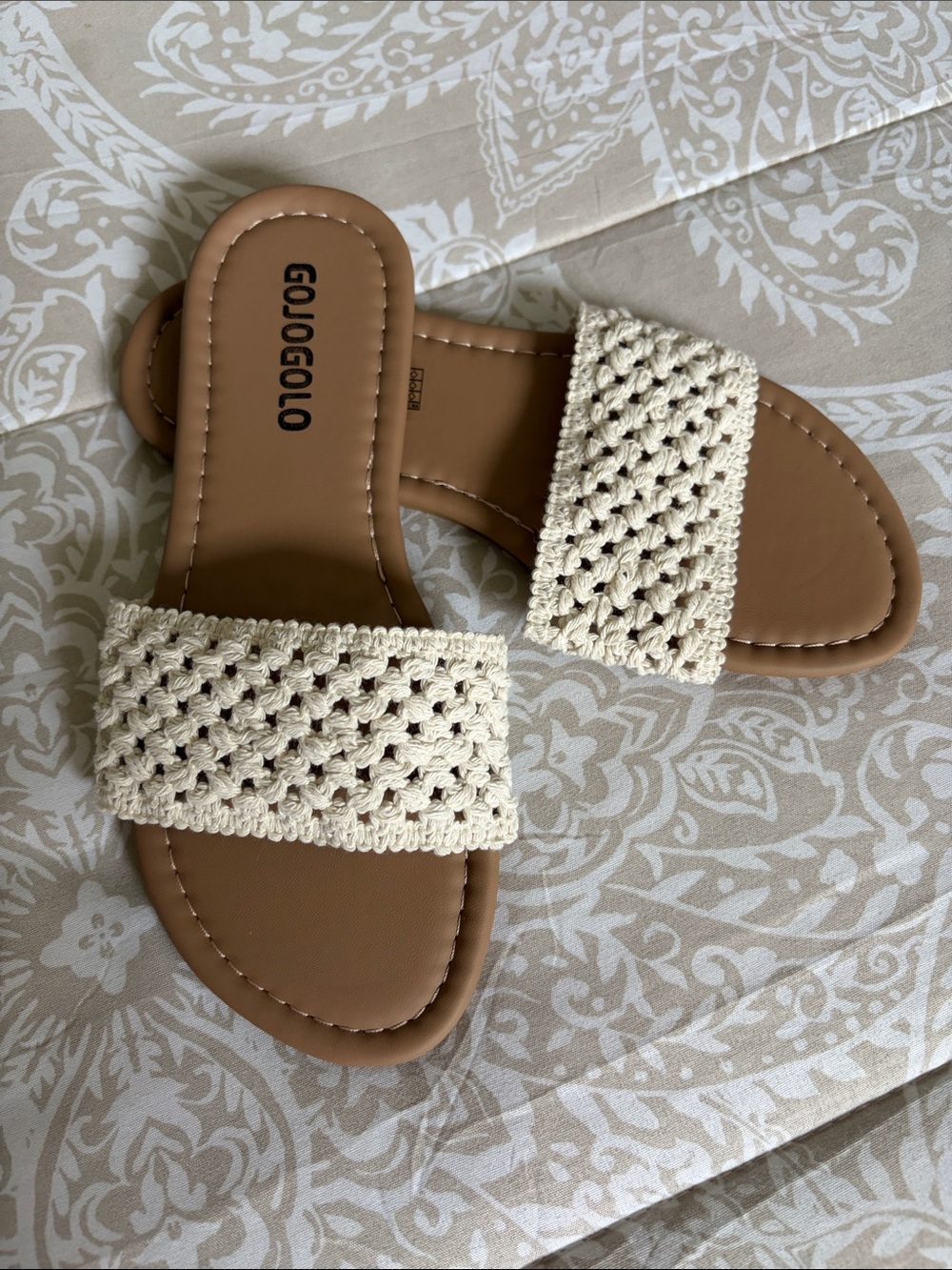 SHEIN Cream Crochet Slide Sandals with Tan Footbed